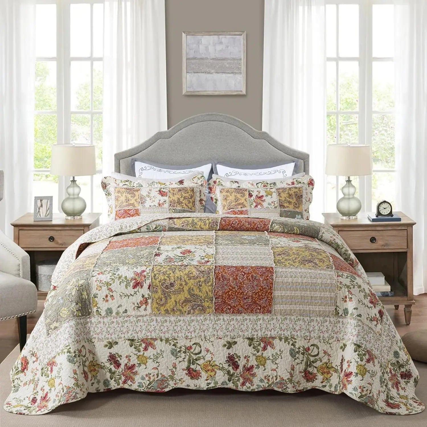 Cotton Bedspread Quilt Sets-Reversible Patchwork Coverlet Set, Green Floral Pattern, Queen Size