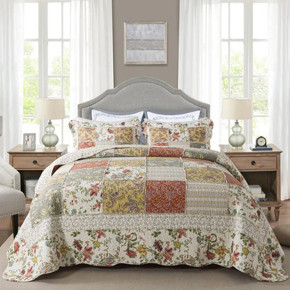 Cotton Bedspread Quilt Sets-Reversible Patchwork Coverlet Set, Green Floral Pattern, Queen Size