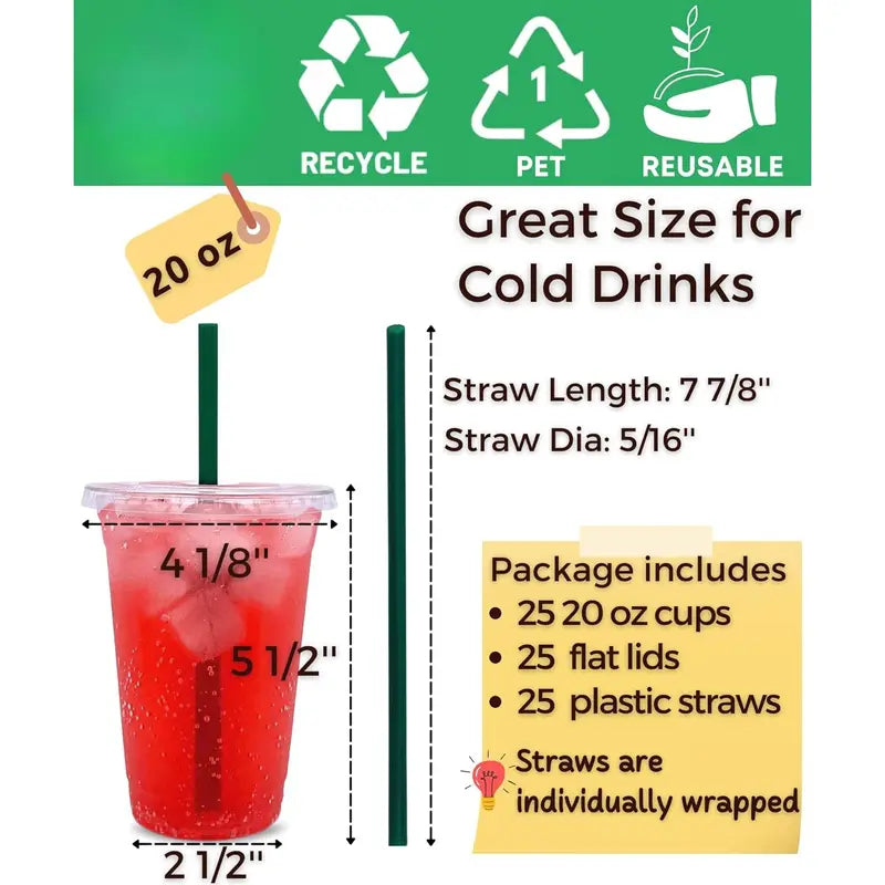 "Premium 20 Oz Clear Plastic Cups with Lids & Straws - 25 Disposable Coffee Cup Sets for On-the-Go Convenience!"