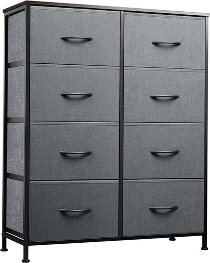 Fabric Dresser for Bedroom, Tall Dresser with 8 Drawers, Storage Tower with Fabric Bins, Double Dresser, Chest of Drawers for Closet, Living Room, Hallway, Dark Gray