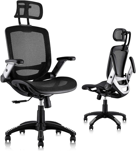 Ergonomic Mesh Office Chair, High Back Desk Chair - Adjustable Headrest with Flip-Up Arms, Tilt Function, Lumbar Support and PU Wheels, Swivel Computer Task Chair