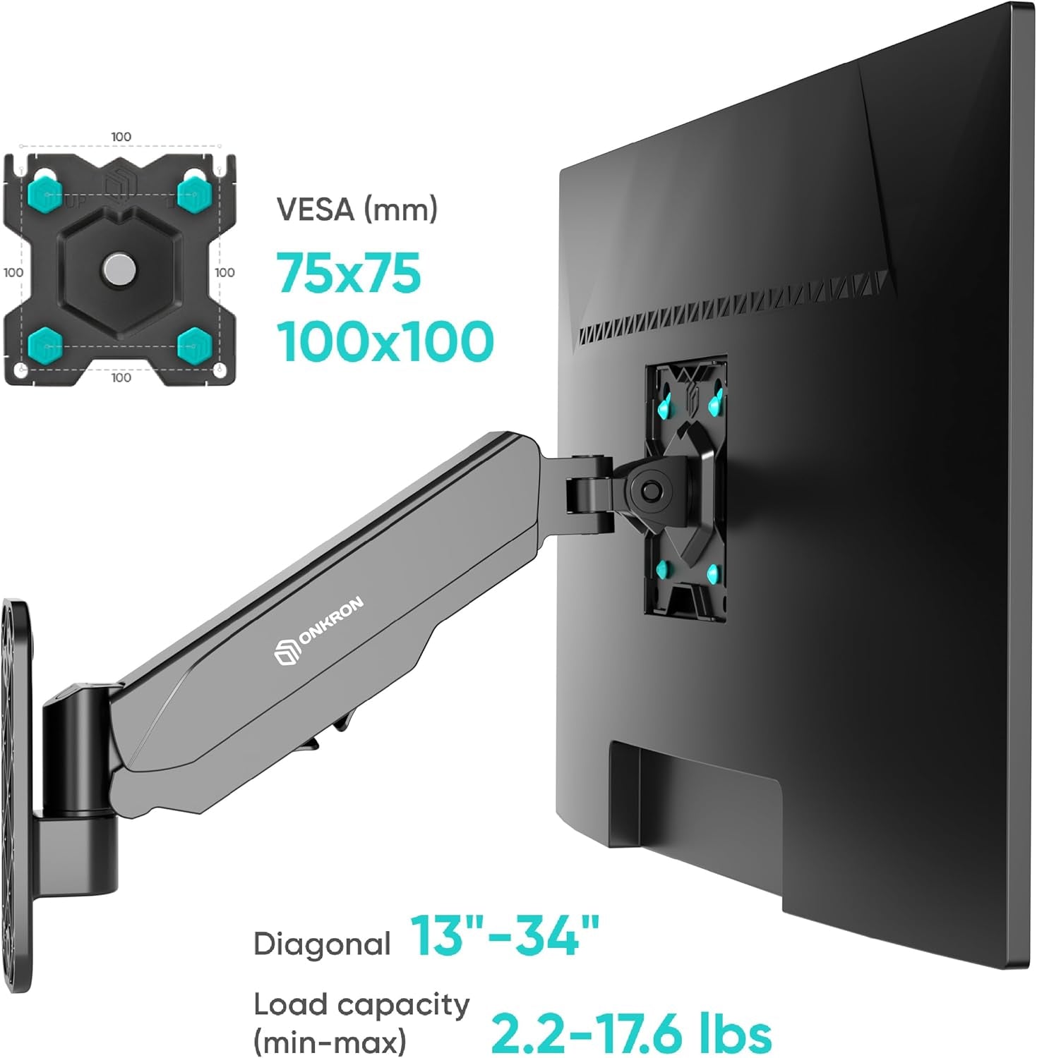 Wall Monitor Arm Single for 13-34 Inch Screen up to 17.6 Lbs, Height Adjustable TV Mount 75X75 & 100X100 VESA Gas Spring Wall Mount Monitor Bracket - Full Motion Monitor Wall Mount Arm Black