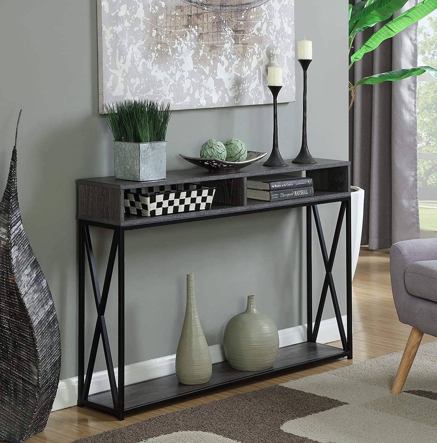 Tucson Deluxe Console Table with Shelf, Weathered Gray/Black