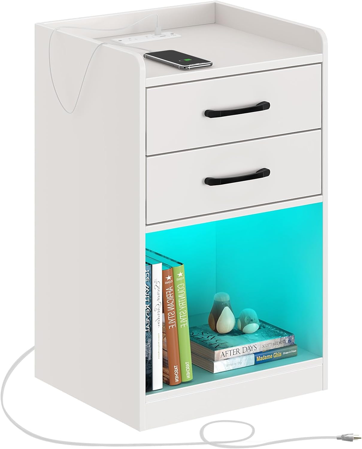 Nightstand with Charging Station and LED Lights, Modern Night Stand with 2 Drawers and Storage Open Compartment for Bedroom, White