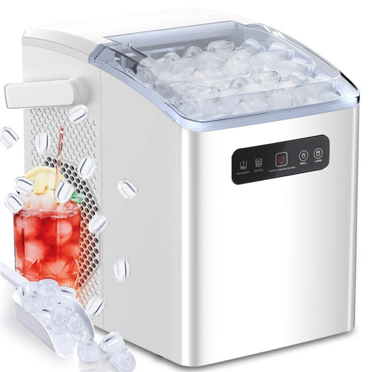 Countertop Portable Ice Maker, Self-Cleaning with Handle, Ice Scoop, 2 Sizes of Bullet Ice Cubes, for Home/Kitchen/Office-White