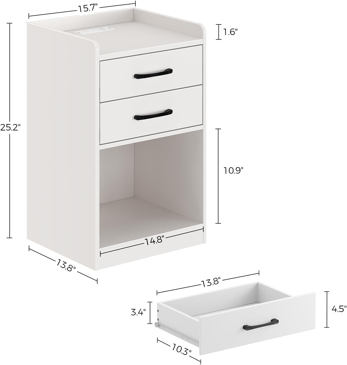 Nightstand with Charging Station and LED Lights, Modern Night Stand with 2 Drawers and Storage Open Compartment for Bedroom, White