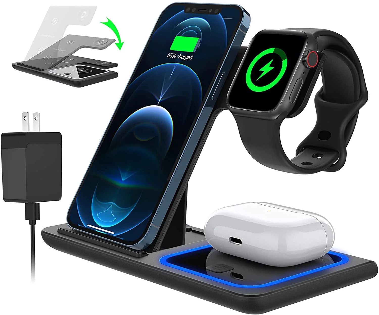 Wireless Charger, 18W Fast Iphone Charging Station for Iphone 15/14/13/12 /11/Pro Max/Plus /XR,3 in 1 Wireless Charging Stand for Iwatch Series SE 9/8/7/6/5/4/3, Airpods Pro/3/2 (With QC3.0 Adapter)