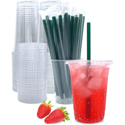 "Premium 20 Oz Clear Plastic Cups with Lids & Straws - 25 Disposable Coffee Cup Sets for On-the-Go Convenience!"