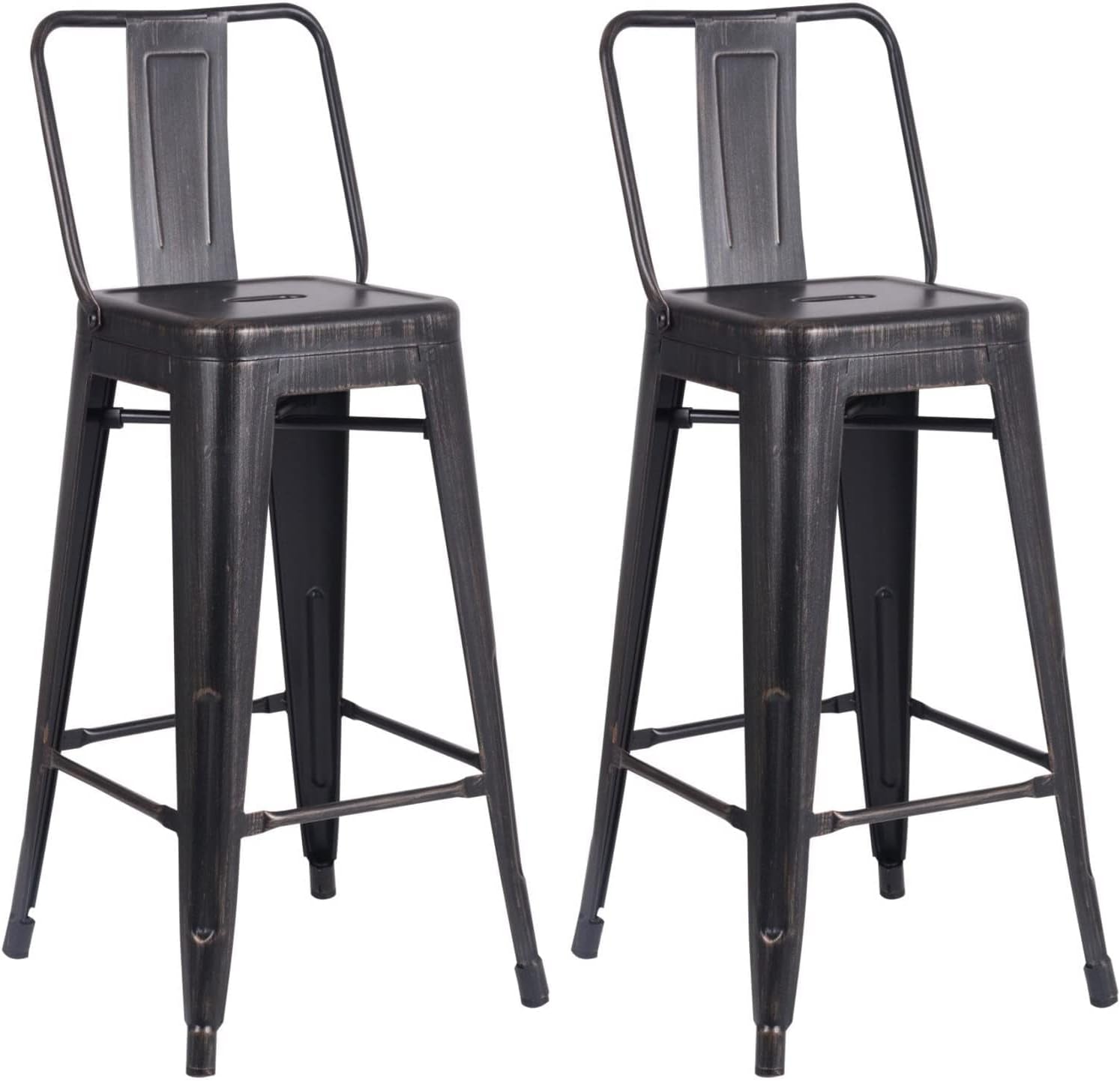 Modern Industrial Metal Bar Stools with Low Back, Matte Finish and Rubber Leg Caps, Kitchen Counter Chairs Set of 2, Contemporary Countertop Accent Seat 30" Seat, Distressed Ebony Black