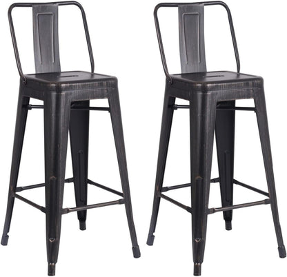 Modern Industrial Metal Bar Stools with Low Back, Matte Finish and Rubber Leg Caps, Kitchen Counter Chairs Set of 2, Contemporary Countertop Accent Seat 30" Seat, Distressed Ebony Black