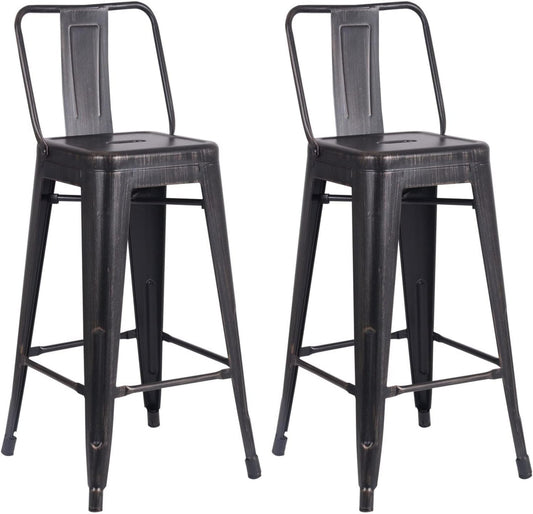 Modern Industrial Metal Bar Stools with Low Back, Matte Finish and Rubber Leg Caps, Kitchen Counter Chairs Set of 2, Contemporary Countertop Accent Seat 30" Seat, Distressed Ebony Black