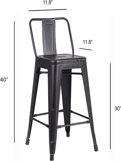 Modern Industrial Metal Bar Stools with Low Back, Matte Finish and Rubber Leg Caps, Kitchen Counter Chairs Set of 2, Contemporary Countertop Accent Seat 30" Seat, Distressed Ebony Black