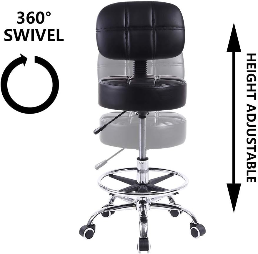 Swivel round Rolling Stool PU Leather with Adjustable Foot Rest Height Adjustable Task Work Drafting Chair with Back (Black)