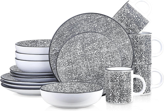 Sophie Rustic Stoneware Dinnerware Service for 4, Black and White Textured, 16 Pieces