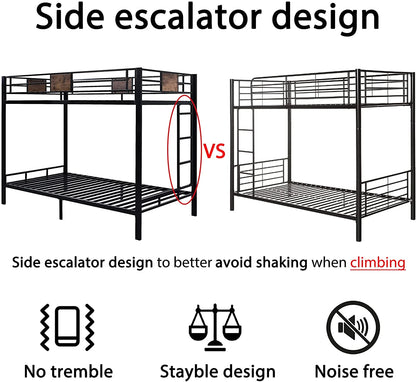 Metal Twin Size Bunk Beds Frame with Stairs & Full-Length Guardrail, Space-Saving, Black