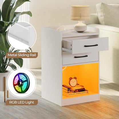 Nightstand with Charging Station and LED Lights, Modern Night Stand with 2 Drawers and Storage Open Compartment for Bedroom, White