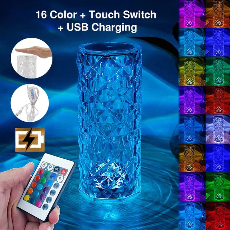 "Enchanting 16-Color Crystal Touch & Remote Rose Table Lamp - Perfect Atmosphere & Night Light for Your Bedroom or Desk!"